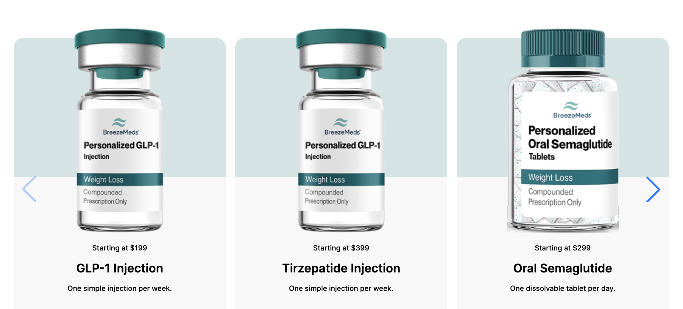 BreezeMeds Medications — GLP-1 Injection $199, Tirzepatide Injection $399, Oral Semaglutide $299