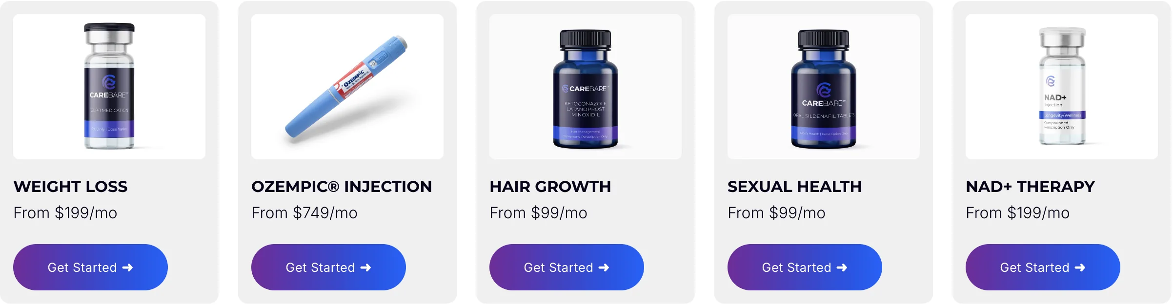 CareBareRX Products — Weight Loss $199, Ozempic $749, Hair Growth $99, Sexual Health $99, NAD+ $199