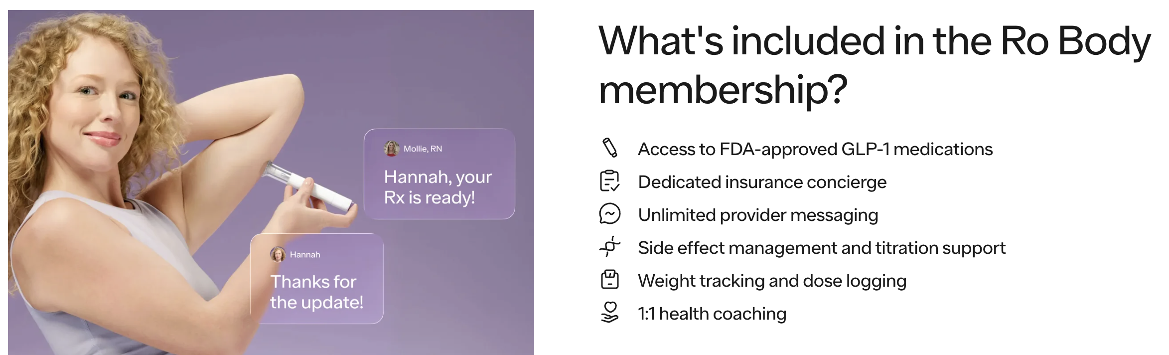 What's included in the Ro Body membership — FDA-approved GLP-1, insurance concierge, unlimited messaging, 1:1 coaching